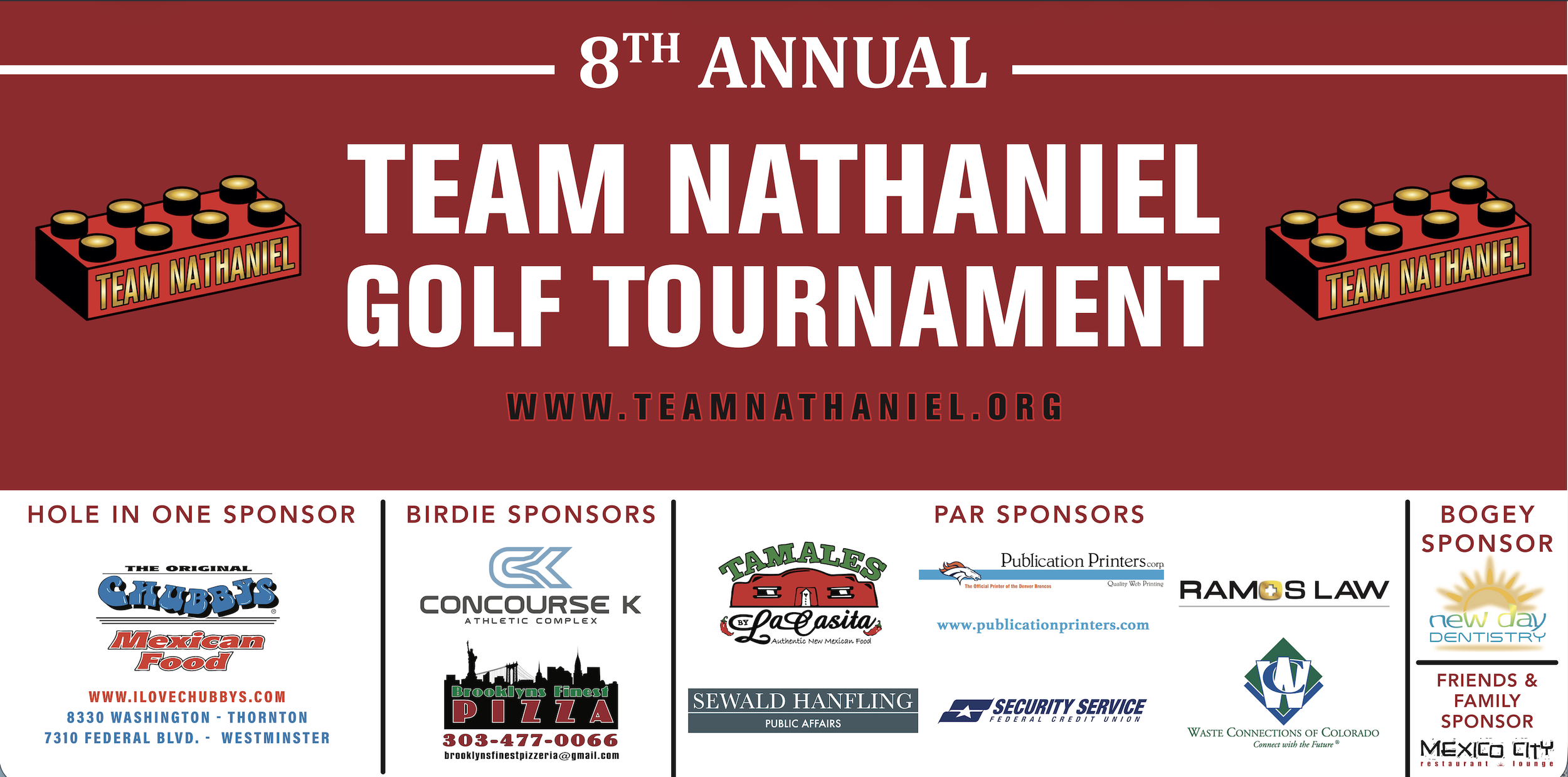 Event banner for the 8th annual Team Nathaniel golf tournament. Features sponsor logos and website information.