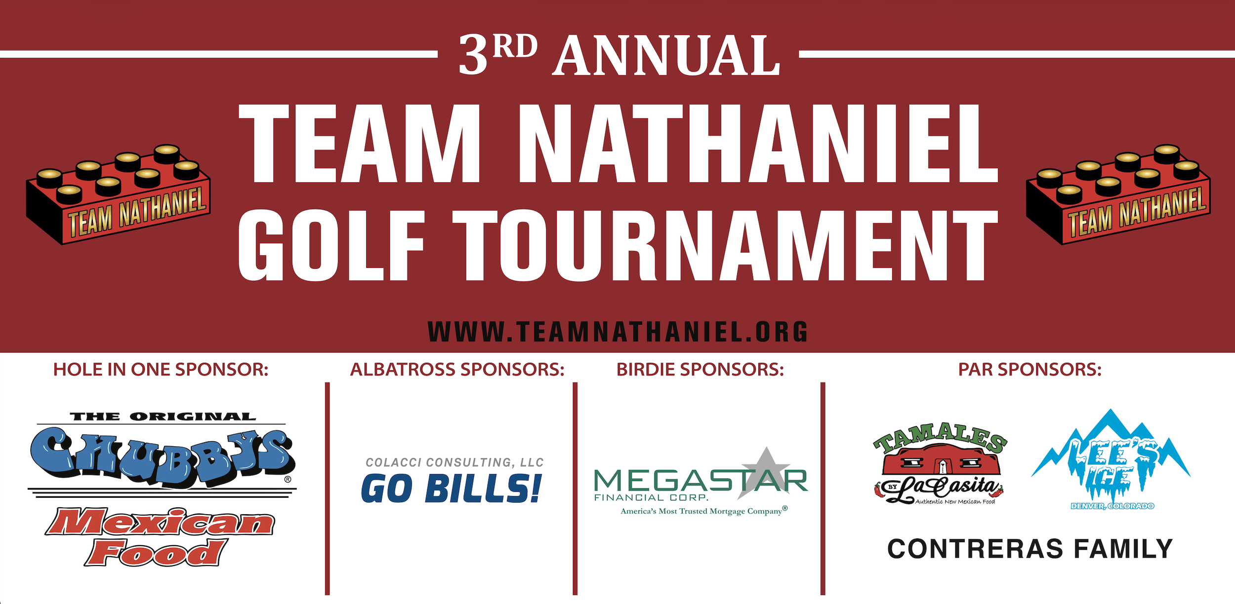 Poster for the 3rd Annual Team Nathaniel Golf Tournament with website www.teamnathaniel.org. Sponsorship logos include The Original Chubbys Mexican Food, Go Bills!, Megastar Financial Corp., La Casita Tamales, and MESA WARE.