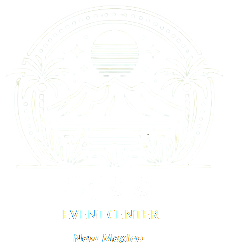 Night scene with mountains, palm trees, and a large setting sun or moon, logo for Oasis Event Center in New Mexico.