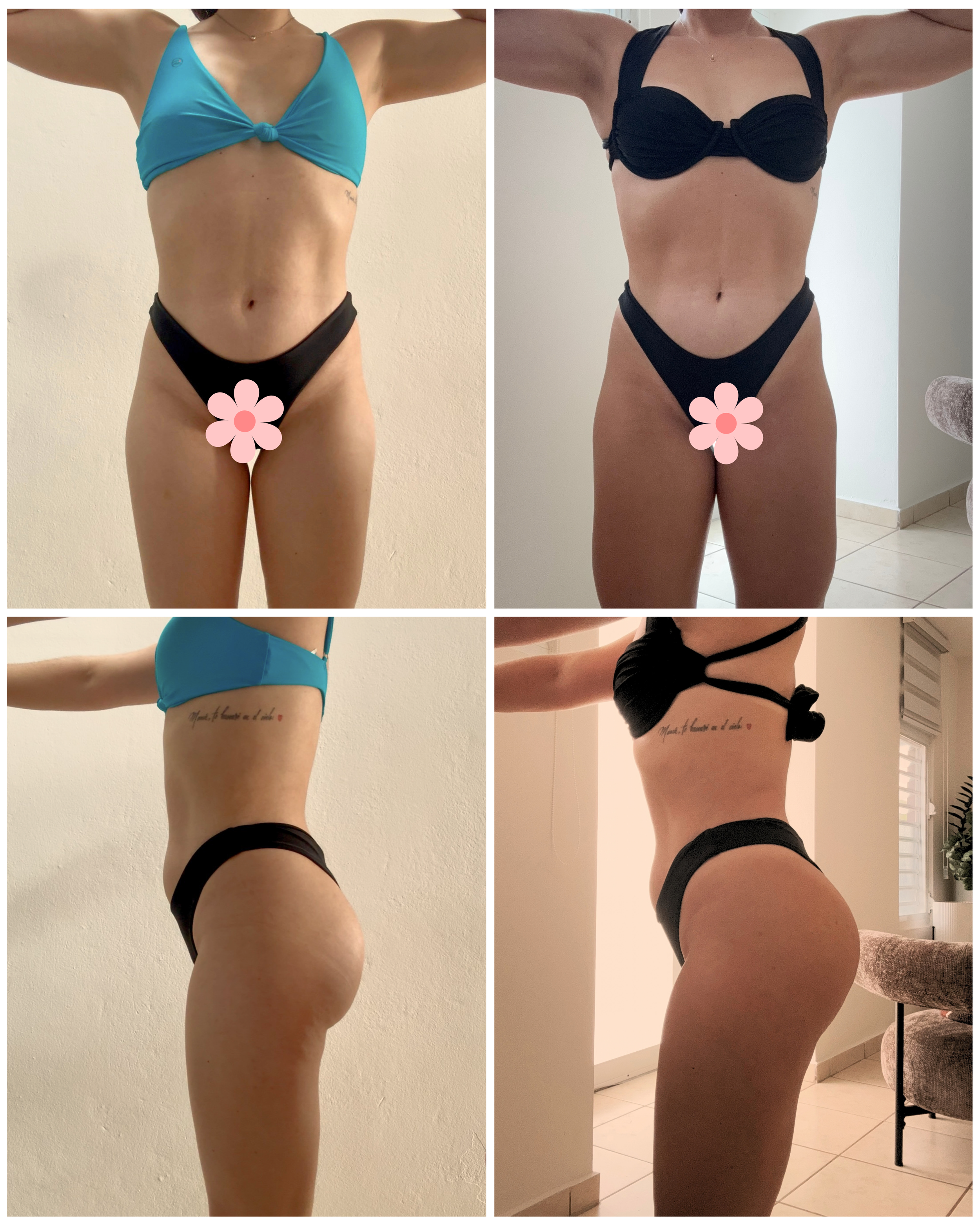Antes y después de una transformación corporal, mostrando cambios en el abdomen y la cintura en diferentes personas.