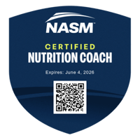 Certificado de entrenador de nutrición de NASM con código QR y fecha de expiración en 2026