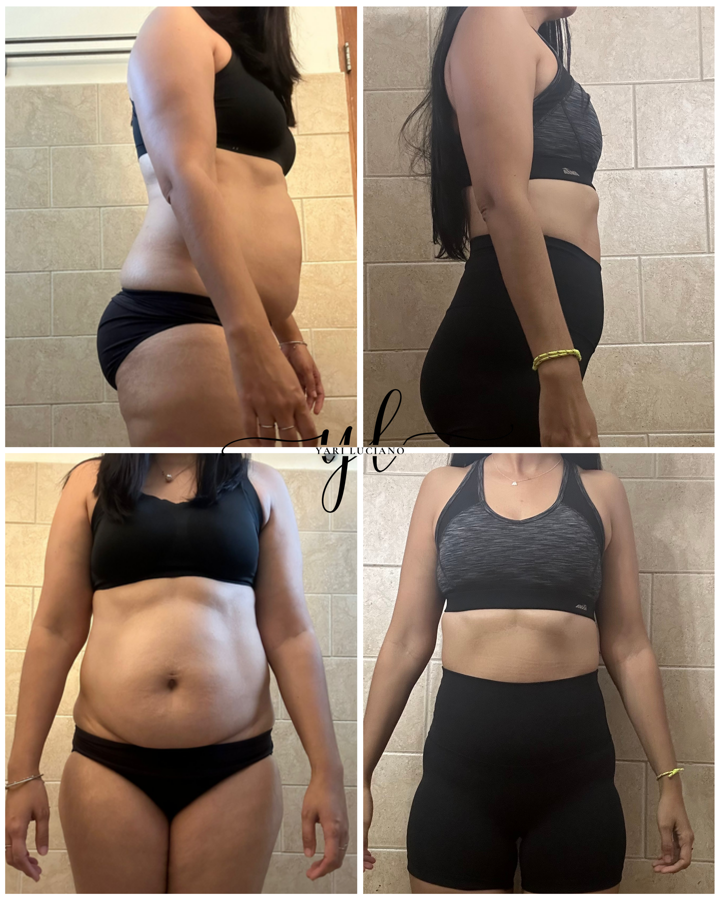 Comparación de fotos en diferentes ángulos de una mujer antes y después de un cambio físico. La mujer viste ropa deportiva negra y se encuentra en un fondo de azulejos beige.