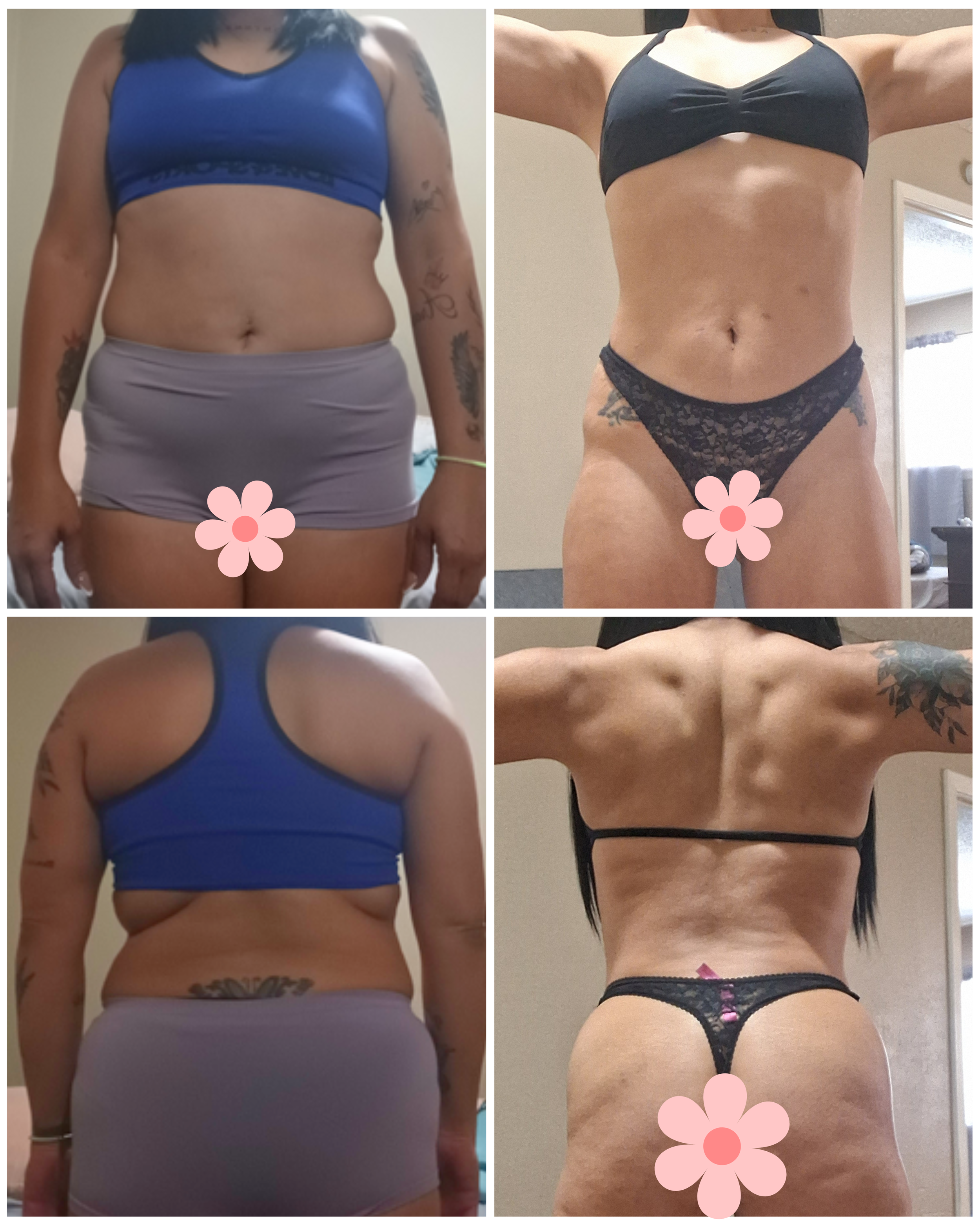 Comparación del cuerpo de una mujer en diferentes etapas de adelgazamiento: en la izquierda, con perfil de cuerpo con más grasa y en la derecha, con menor grasa y más tonificado, usando ropa ajustada de color azul y top con estampado de flechas moradas.