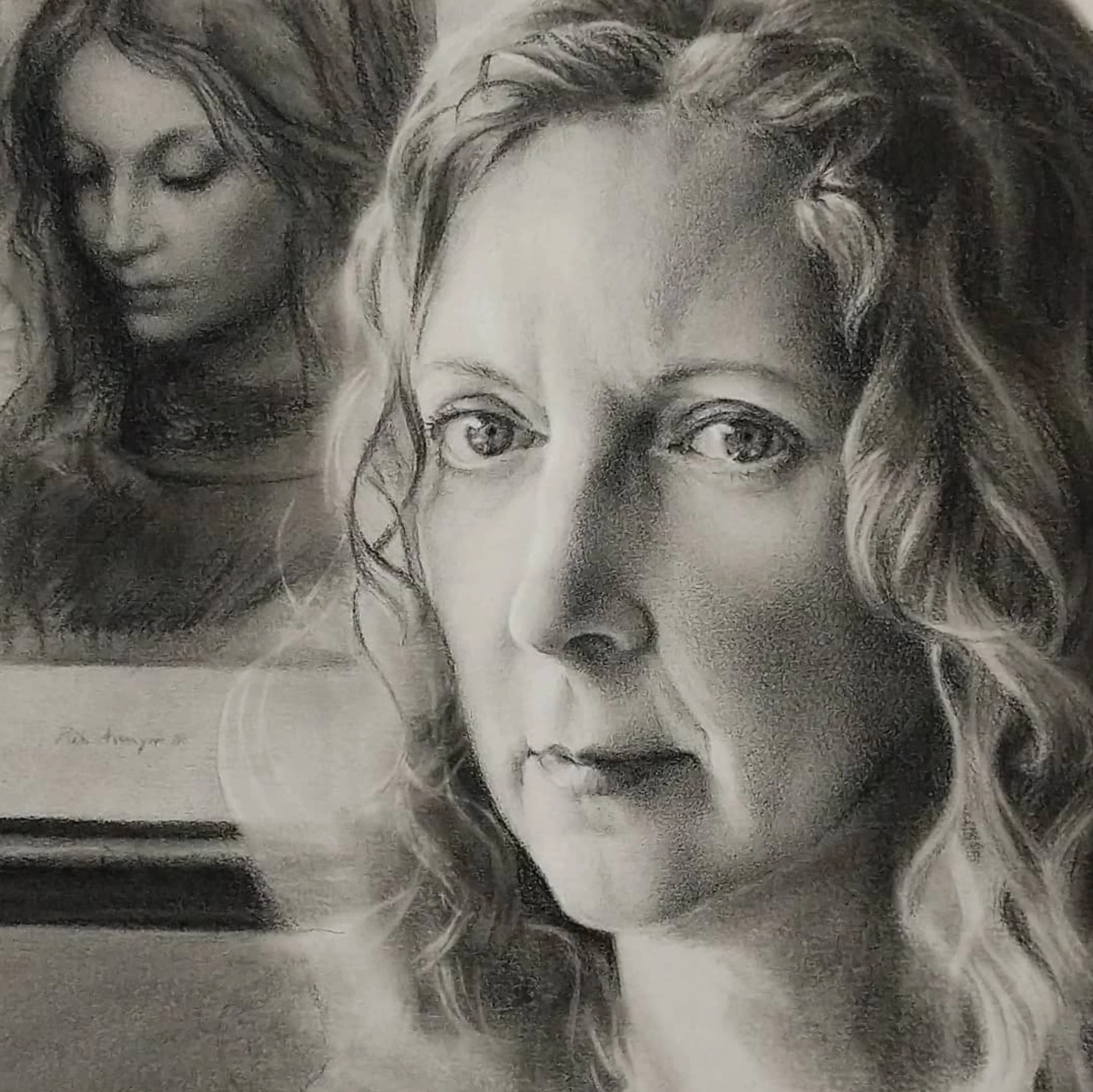 A black and white pencil drawing, a self portrait of artist Louise Kermode