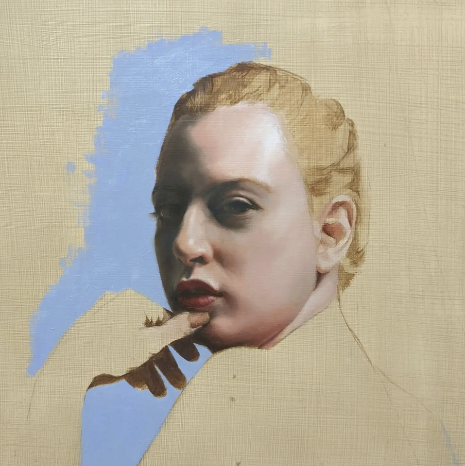 A painting by Louise Kermode, in progress, of a woman with blonde hair, resting her chin on her hand, featuring a partially completed background with blue and beige areas.