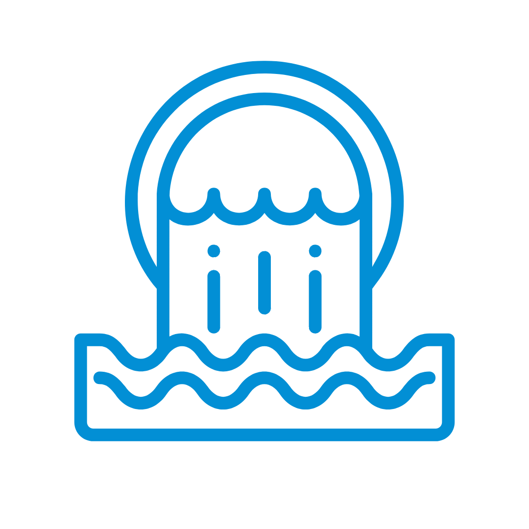 Blue neon outline of a person showering, with water and soap suds, on a black background.