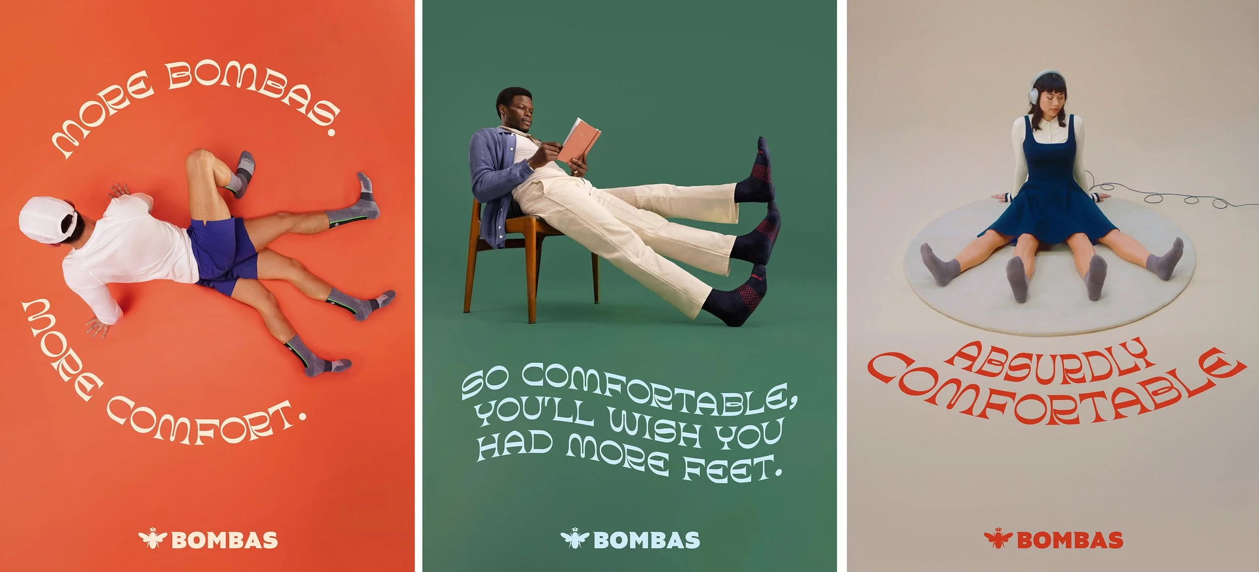 Triptych of Bombas socks advertising campaign photos on bold colored backgrounds, shot by San Francisco commercial photographer Marc Olivier Le Blanc