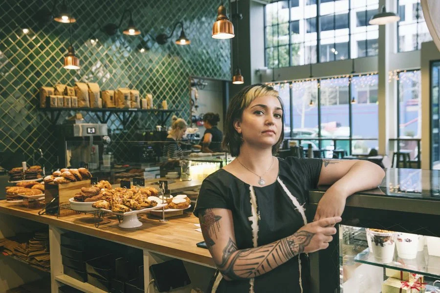 Magazine portrait of Firebrand Bakery bread maker Colleen at Oakland bakery