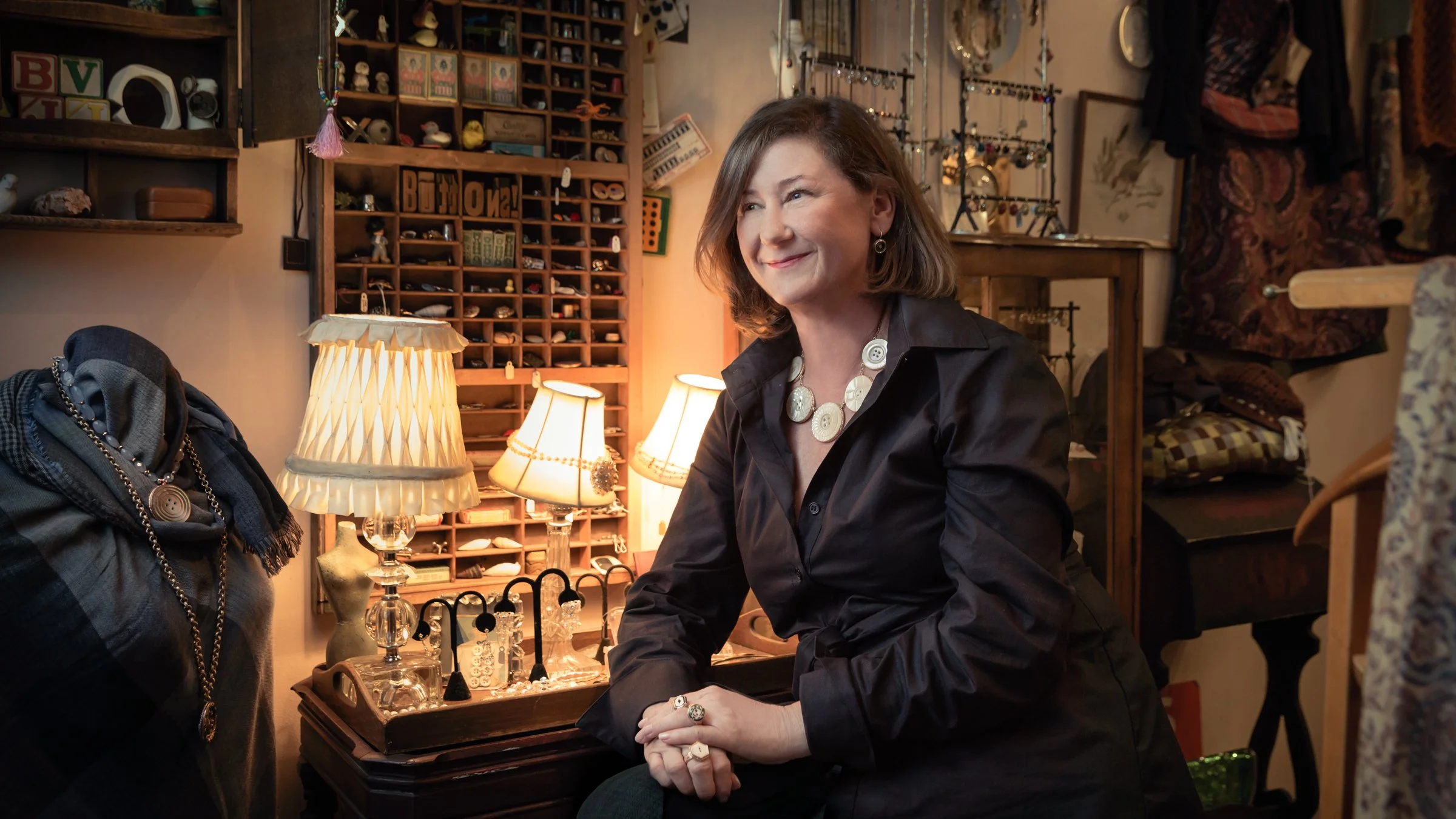 Portrait photographer San Francisco — Pamela Winston-Charbonneau, antique button textile artist, craftsman portrait