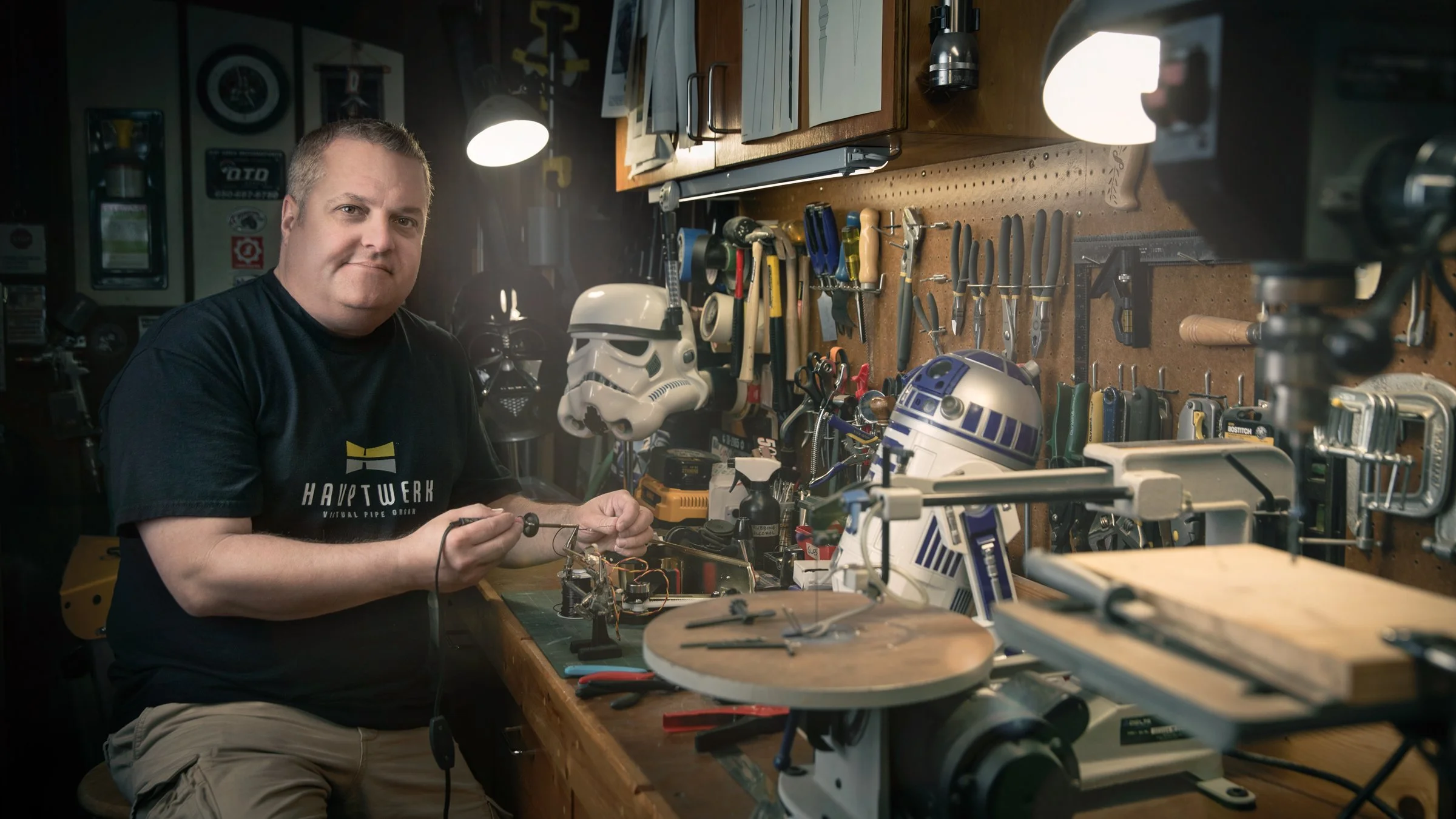 Portrait photographer San Francisco — Brian Munger with R2-V1 Darth Vader R2 unit, Star Wars maker Bay Area