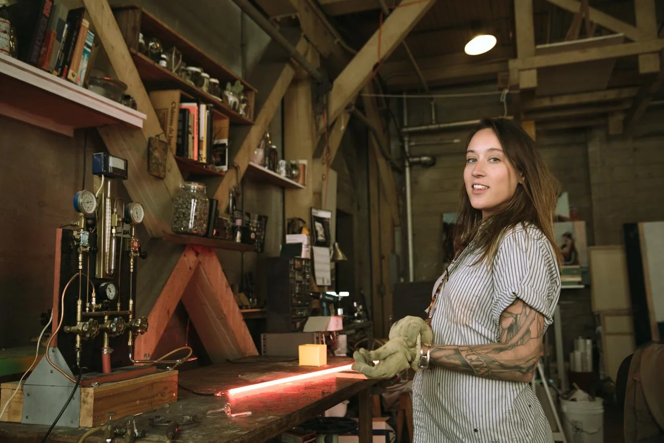 Environmental portrait of sculptor and neon artist Meryl Pataky in her Mission District San Francisco studio by Marc Olivier Le Blanc
