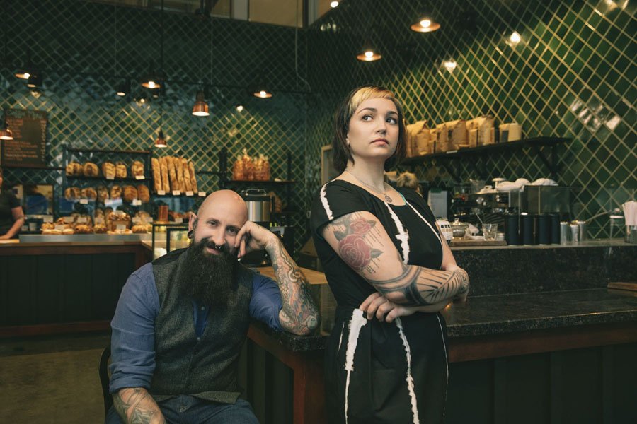 Matt and Colleen, bread makers at Firebrand Artisan Breads, photographed at the Oakland bakery for a magazine shoot by San Francisco photographer Marc Olivier Le Blanc