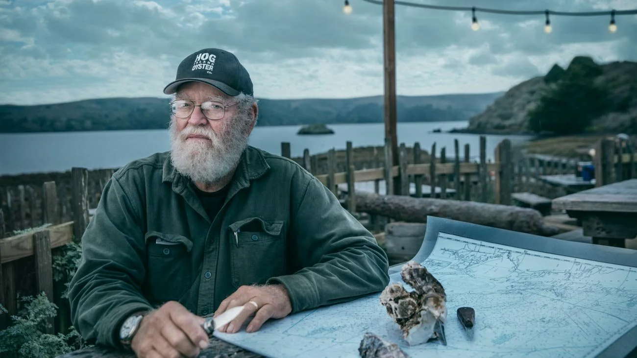 A man with a gray beard, glasses, and a black cap sitting at a table outdoors near a body of water with hills in the background. The table has a large map, a shell, and a small object. String lights are hanging overhead.