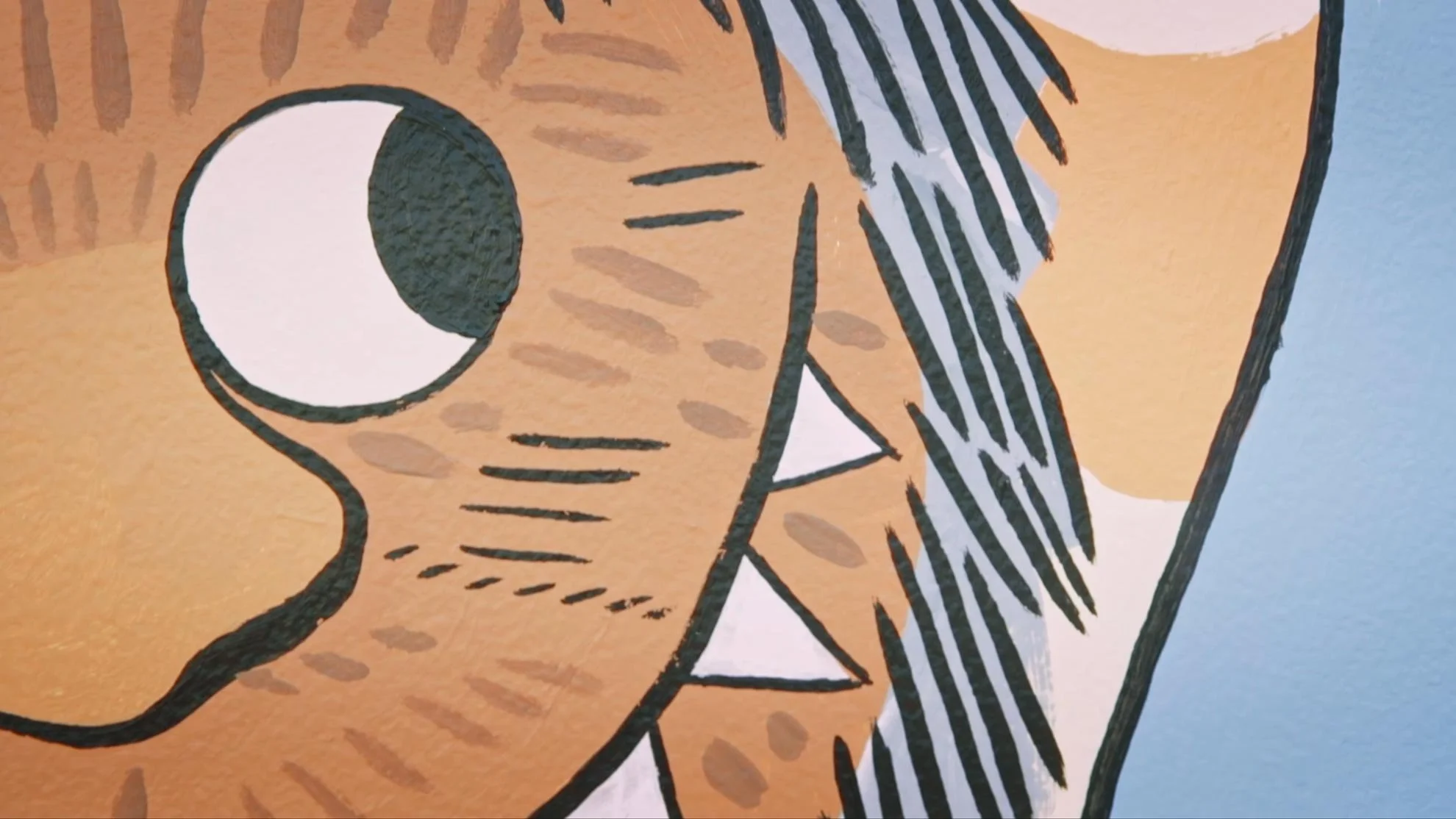 Close-up of an abstract, stylized illustration of a face with one eye, hair, and a nose, using black, white, and brown colors with textured brush strokes.