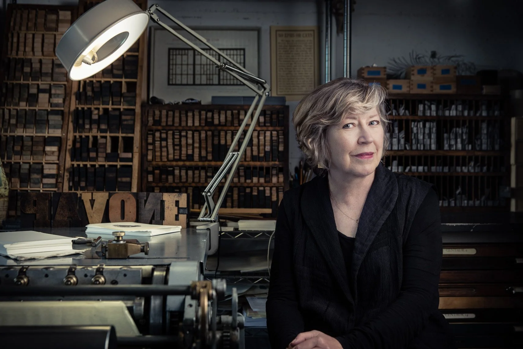 Kathleen Rydar in her Mission letterpress workshop - portrait photographer Marc Olivier Le Blanc, San Francisco