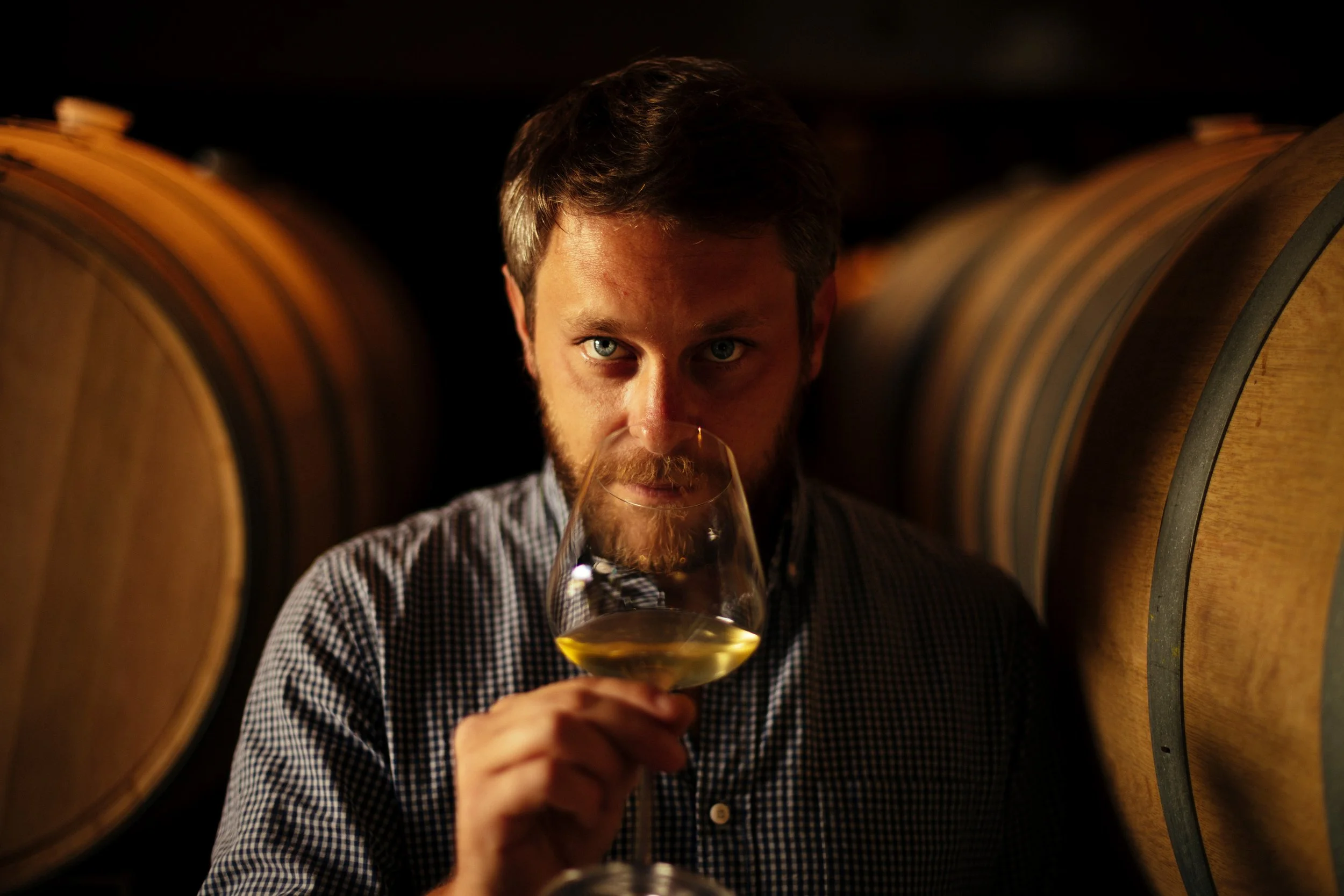 Atmospheric advertising portrait of a bearded winemaker smelling a glass of white wine surrounded by oak barrels in a Napa Valley cellar – Marc Olivier Le Blanc Photography