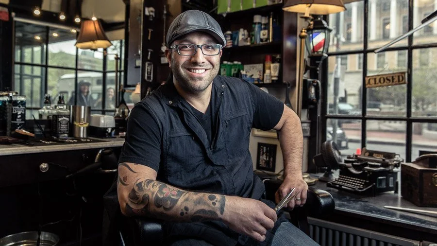 Old school barber portrait in Boston — portrait photographer Marc Olivier Le Blanc, San Francisco Bay Area