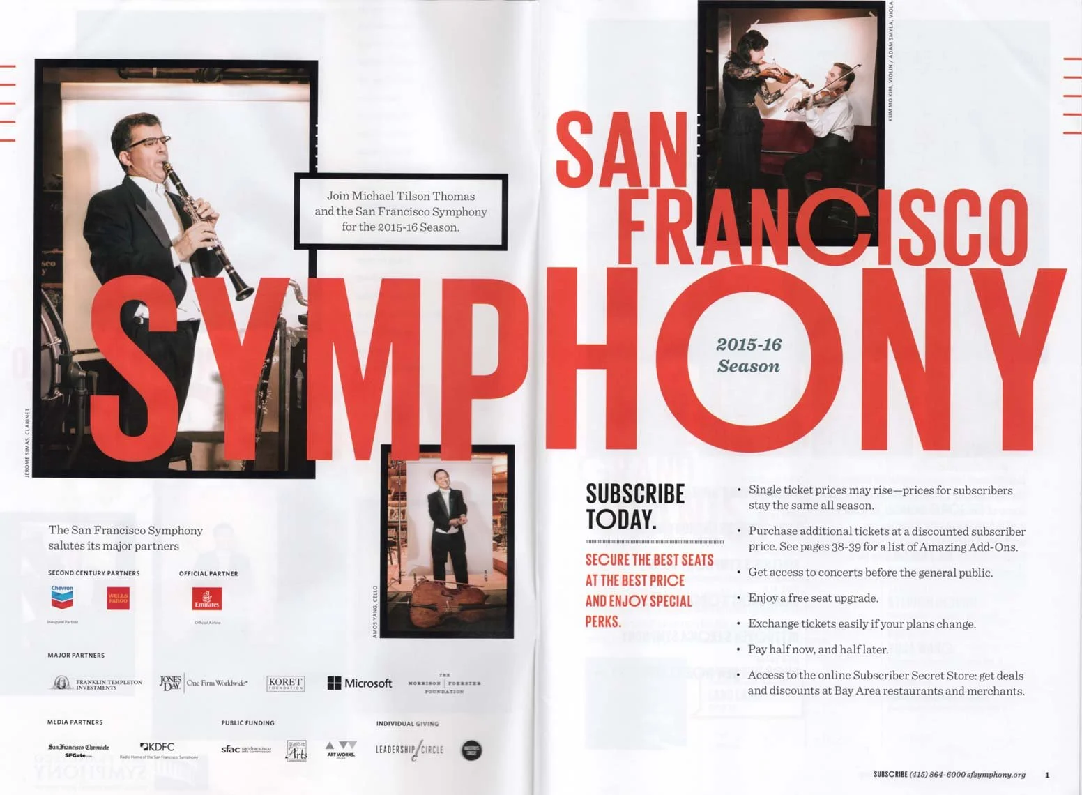 San Francisco Symphony 2015–16 season advertising spread in a magazine, featuring orchestra musicians photographed by Marc Olivier Le Blanc