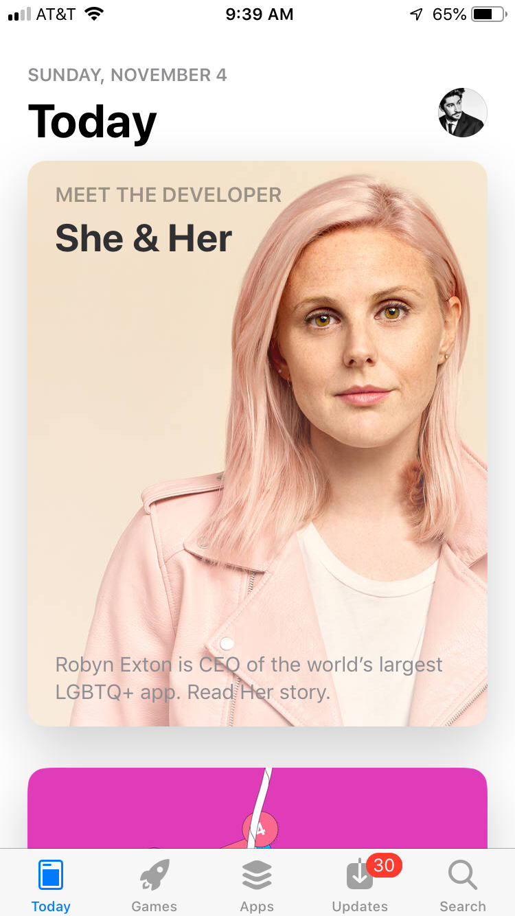 Apple App Store "Meet the Developer" feature for She & Her app, showing a portrait of founder Robyn Exton displayed on an iPhone screen – Marc Olivier Le Blanc Photography