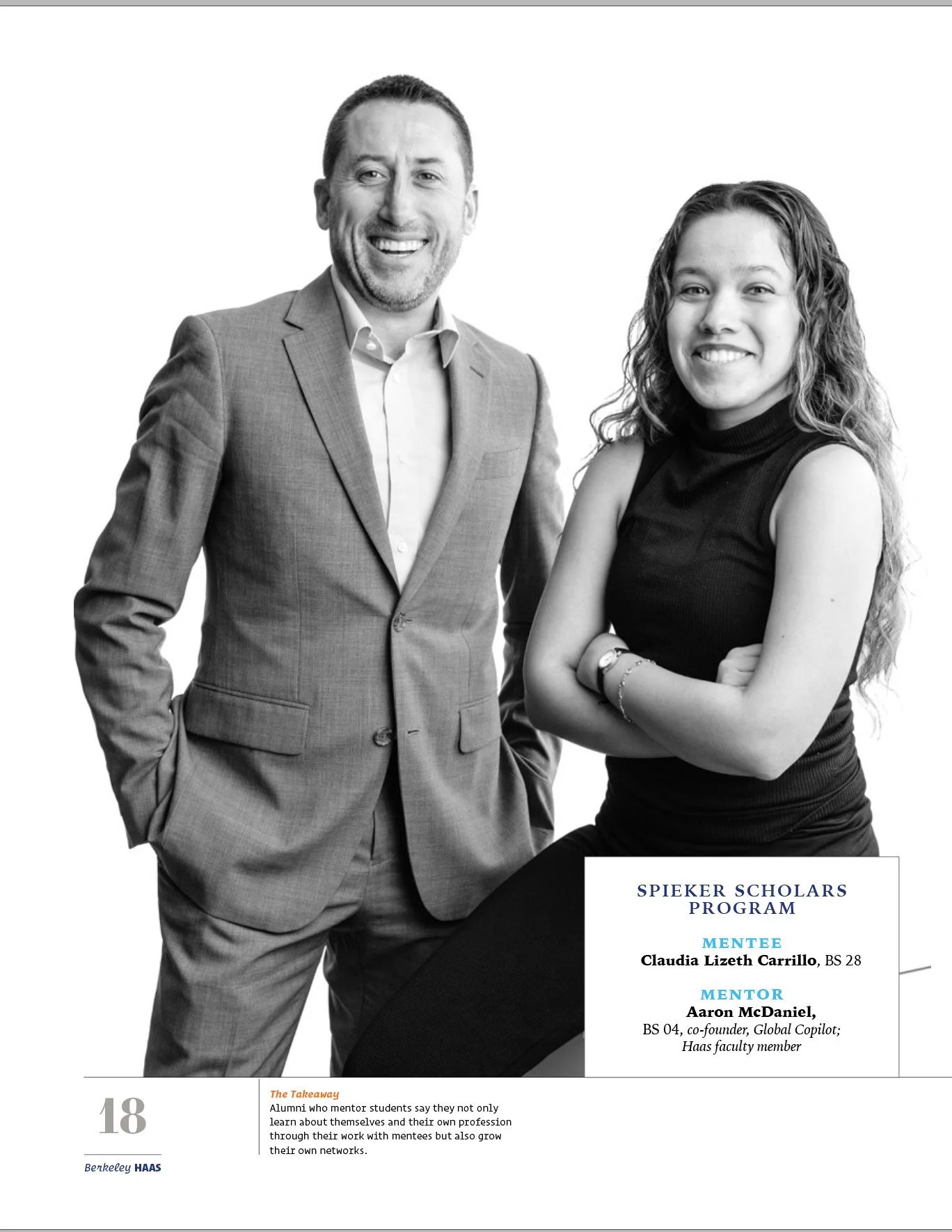 Black and white on-location portrait of mentor and mentee for Berkeley Haas Magazine, editorial photography by Marc Olivier Le Blanc, San Francisco