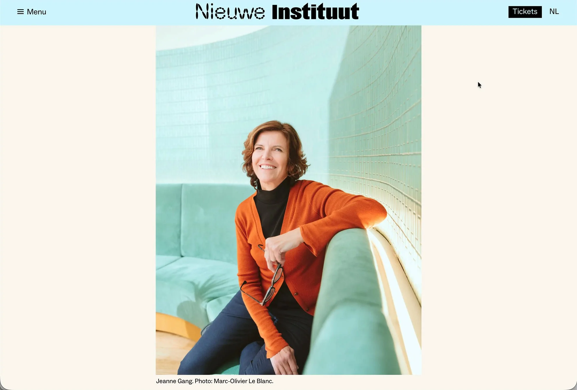 Portrait of architect Jeanne Gang by Marc Olivier Le Blanc, published as hero image on the Nieuwe Instituut website in Rotterdam, credited Photo: Marc-Olivier Le Blanc