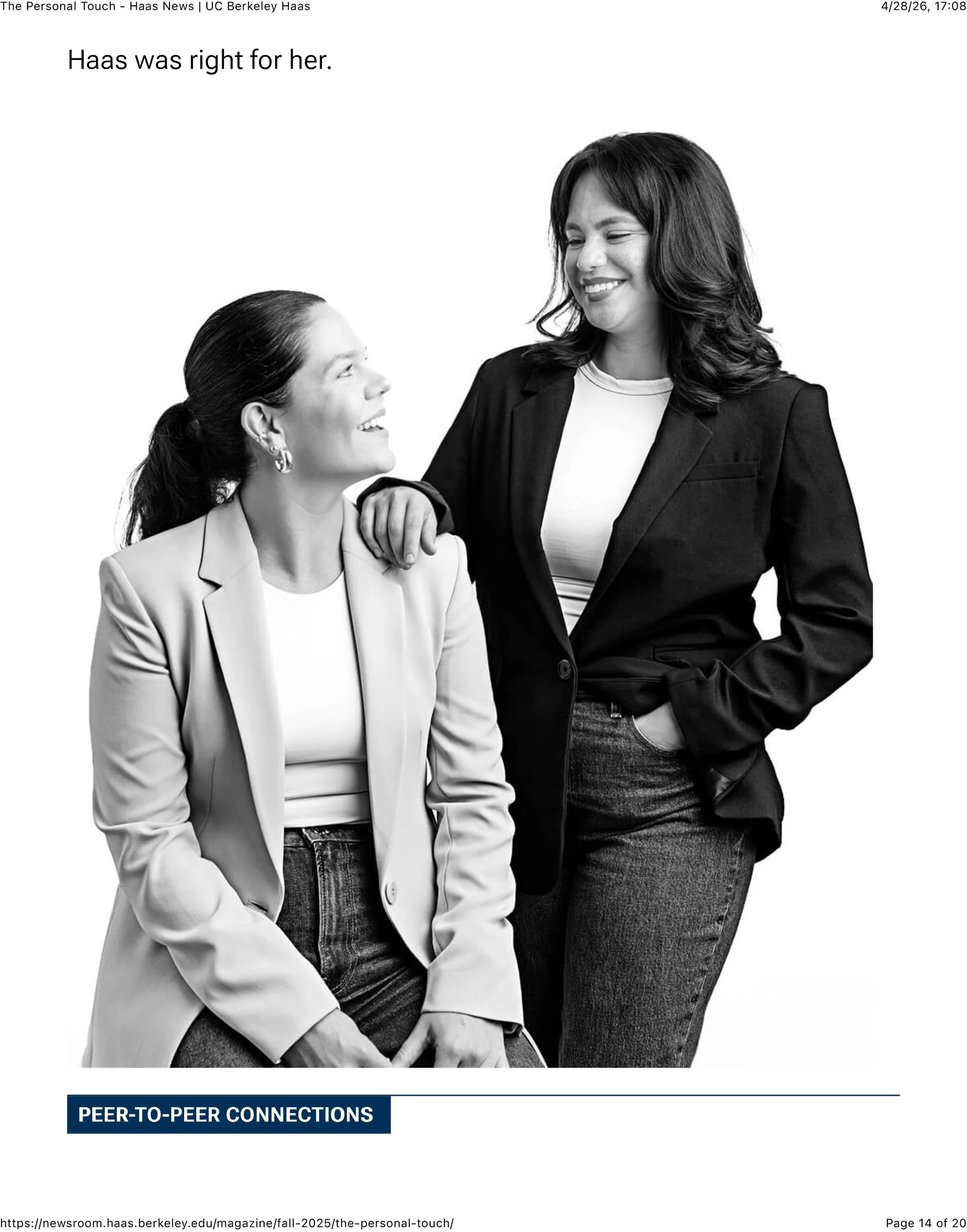 Black and white editorial portrait of two women laughing, shot on location in Berkeley for Haas Magazine by San Francisco photographer Marc Olivier Le Blanc