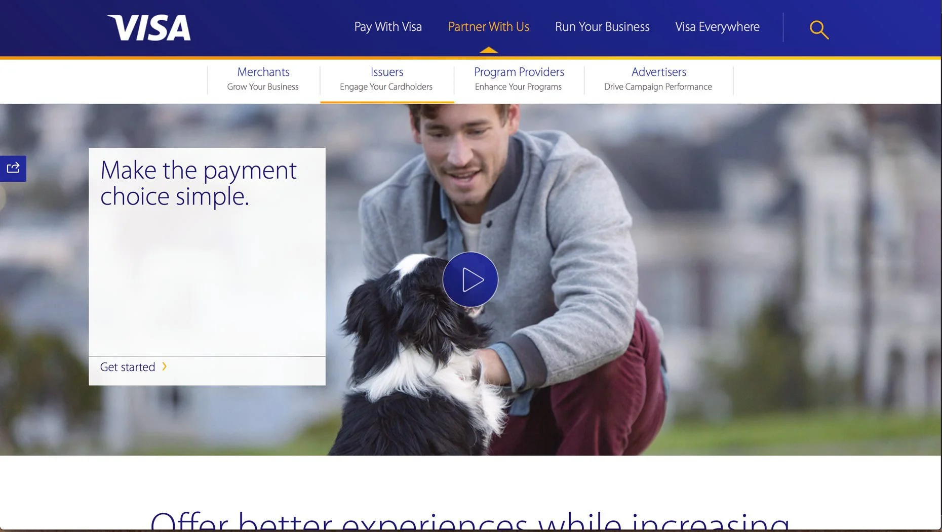 Visa advertising campaign hero image of a smiling man petting his dog outdoors, shot for Visa's Partner With Us web campaign – Marc Olivier Le Blanc Photography