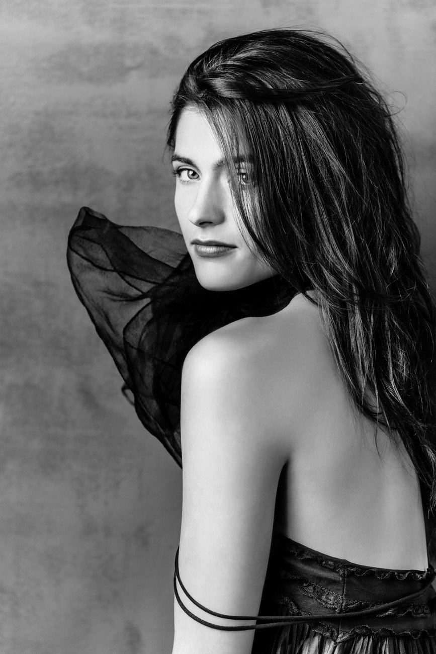Black and white studio fashion portrait of a woman in a flowing black dress, San Francisco – Marc Olivier Le Blanc Photography