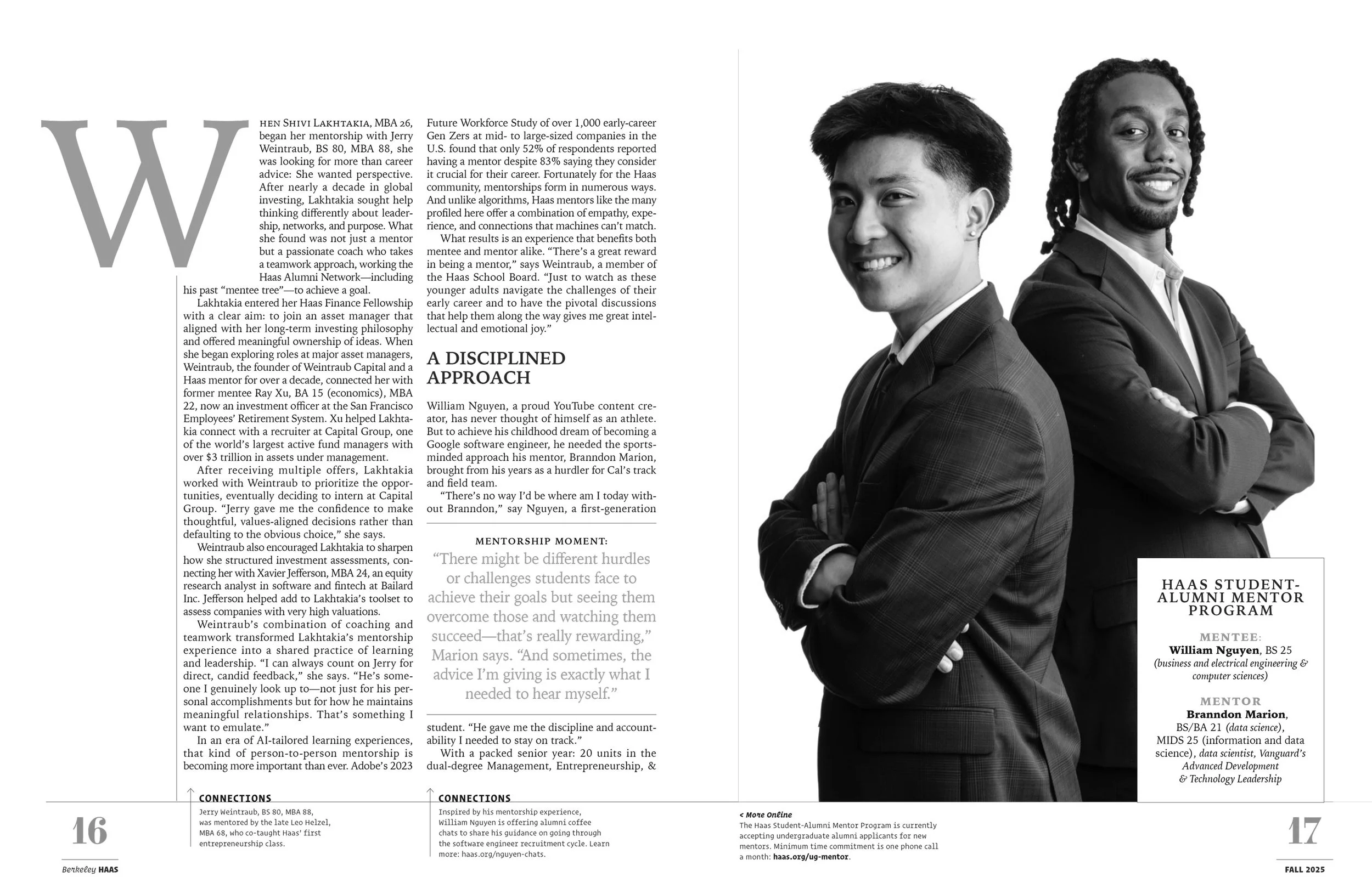 Editorial portrait spread published in Berkeley Haas Magazine, black and white photography by San Francisco portrait photographer Marc Olivier Le Blanc