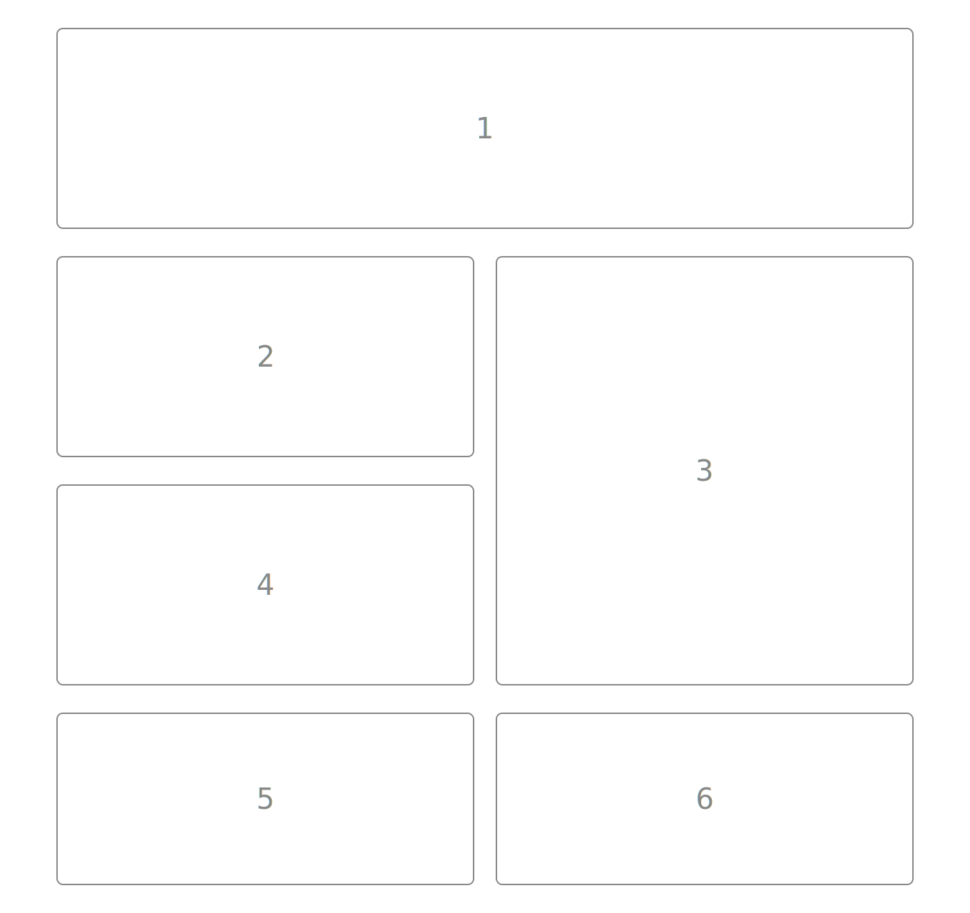 Diagram showing a six-step process with numbered boxes labeled 1 through 6. The boxes are arranged in a grid with three columns and two rows, including a larger area labeled 3 adjacent to smaller boxes labeled 1, 2, 4, 5, and 6.