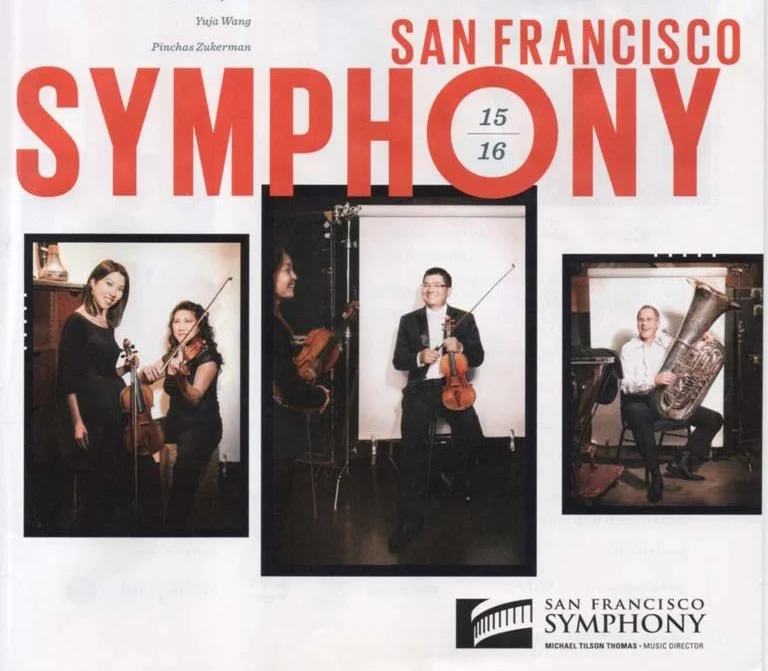 San Francisco Symphony 2015–16 season brochure cover featuring four orchestra musicians with their instruments, photographed by Marc Olivier Le Blanc