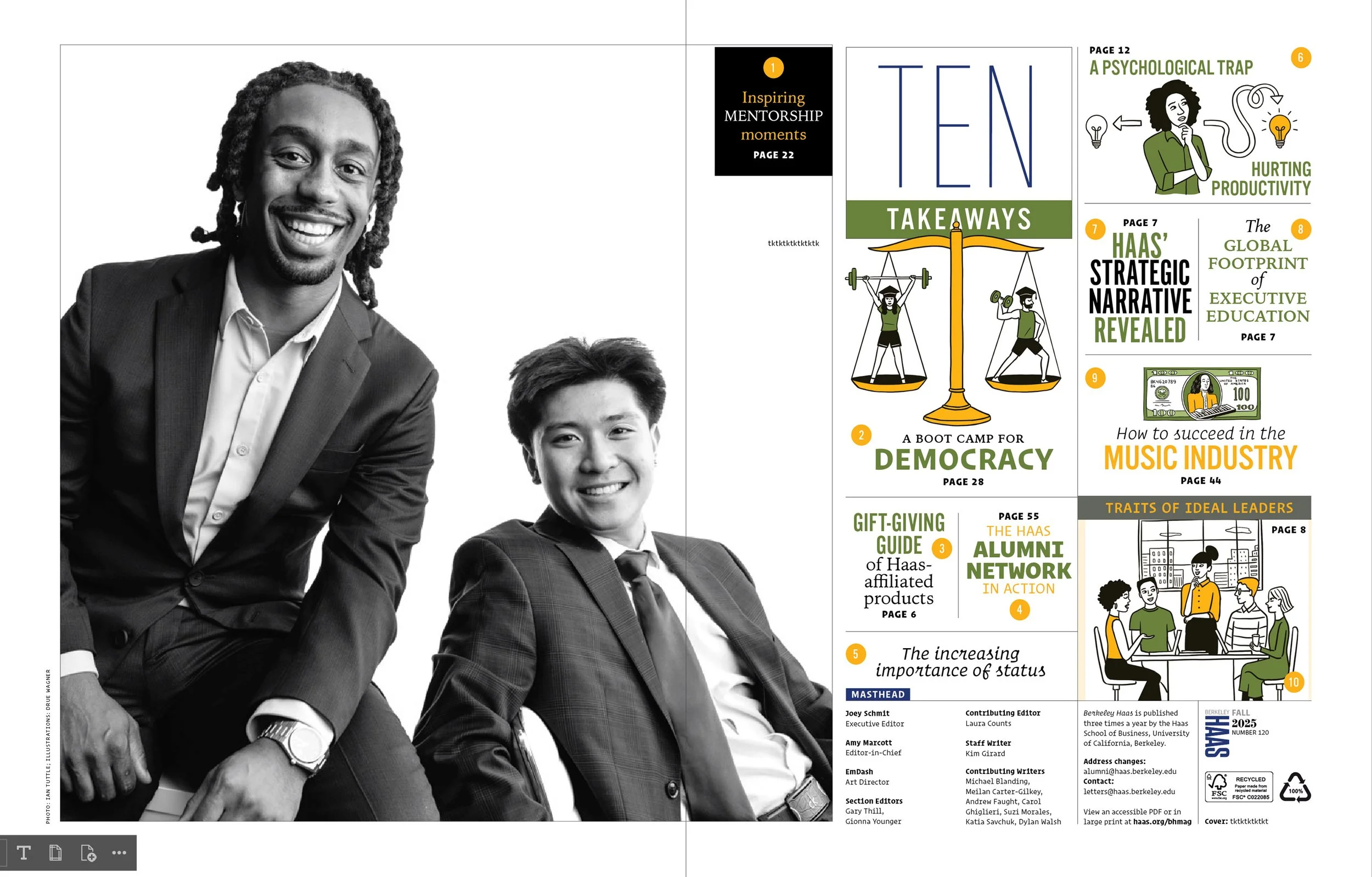 Magazine Table of Contents portrait of two men in suits, Berkeley Haas Magazine Fall 2025, photographed on location in Berkeley by Marc Olivier Le Blanc