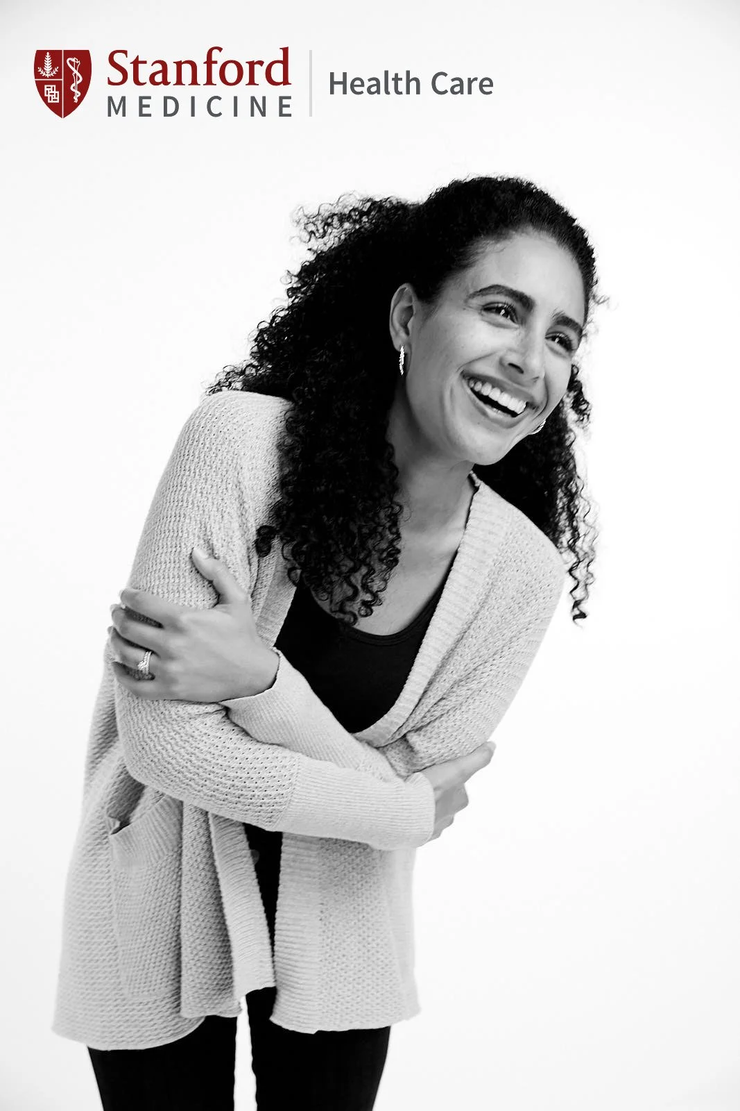 Black and white advertising portrait of a joyful woman laughing for Stanford Medicine Health Care campaign, San Francisco – Marc Olivier Le Blanc Photography