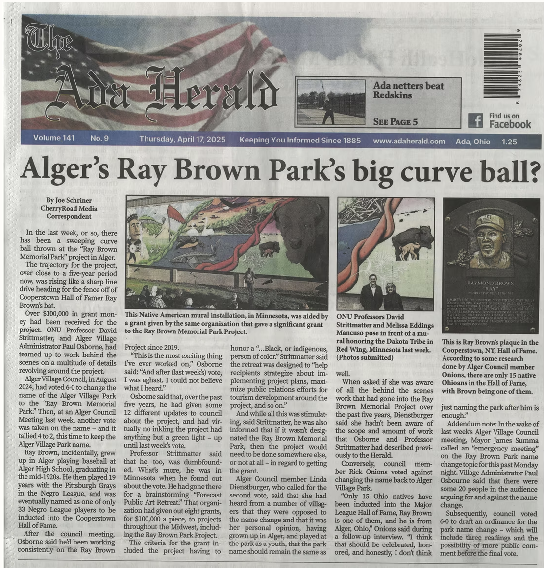Ada Herald tells how Alger city council voted to keep the name of "Alger City Park" before reconvening and returning it to "Ray Brown Memorial Park.", 17 April 2025.