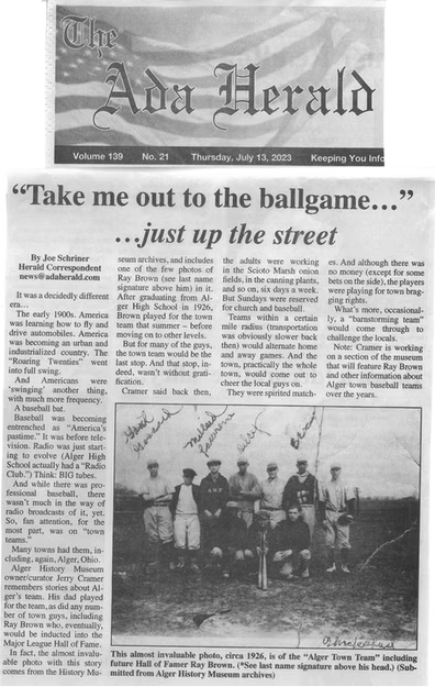 Schriner writes about how Ray Brown's baseball career began on the Alger town team, 3 March 2023.