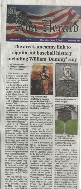 Ada Herald mentions Ray Brown in the significant baseball history of the area in an article about "Dummy" Hoy, 3 April 2025.