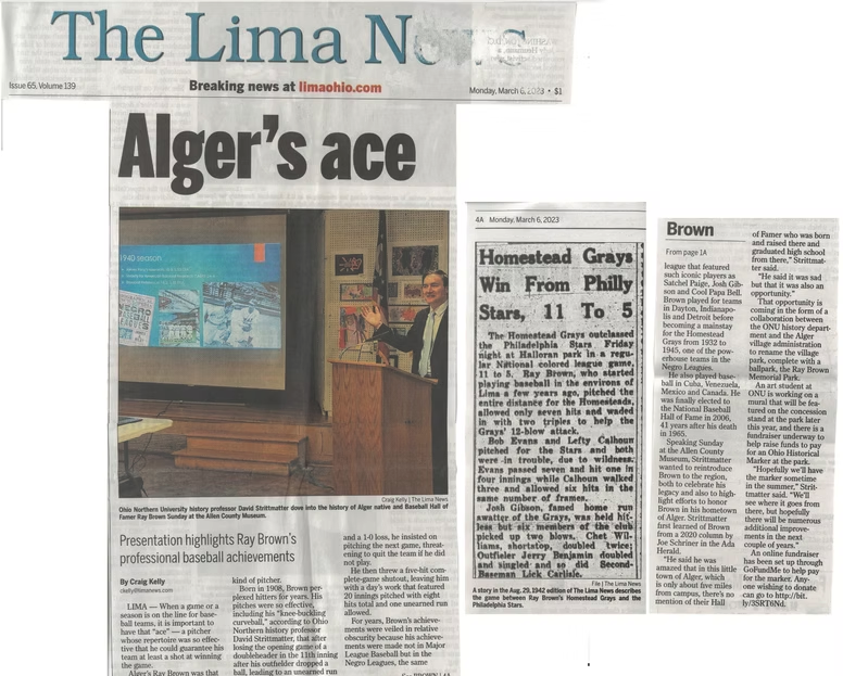 The Lima News shares a presentation from David Strittmatter about Ray Brown's intriguing career with past clippings from newspapers that mention Brown, 6 March 2023.