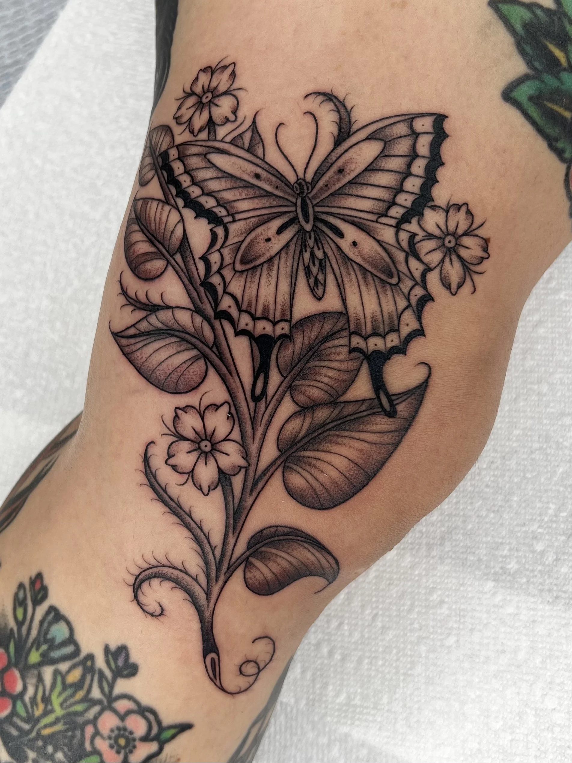 Black and Grey Butterfly with floral tattoo for women