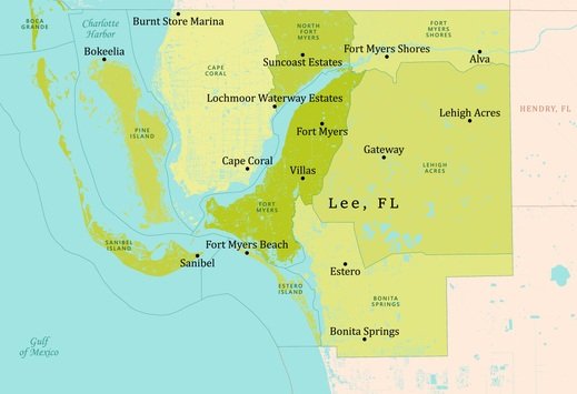 a small map of Lee county Florida representing our service area