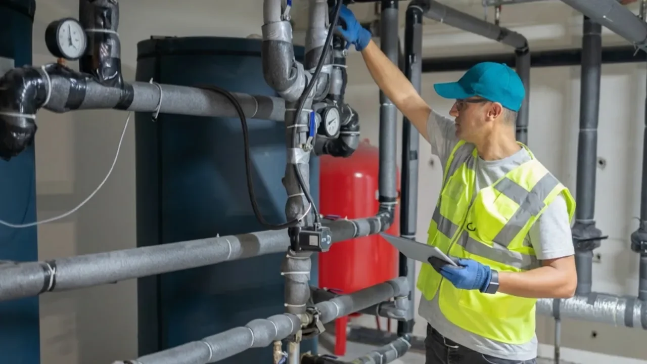 An affordable Air and Plumbing plumber working on a commercial job. He is standing in front of a large network of pipes with a commercial grade water heater behind the pipes. he is checking pressure gauges while holding a clip board.