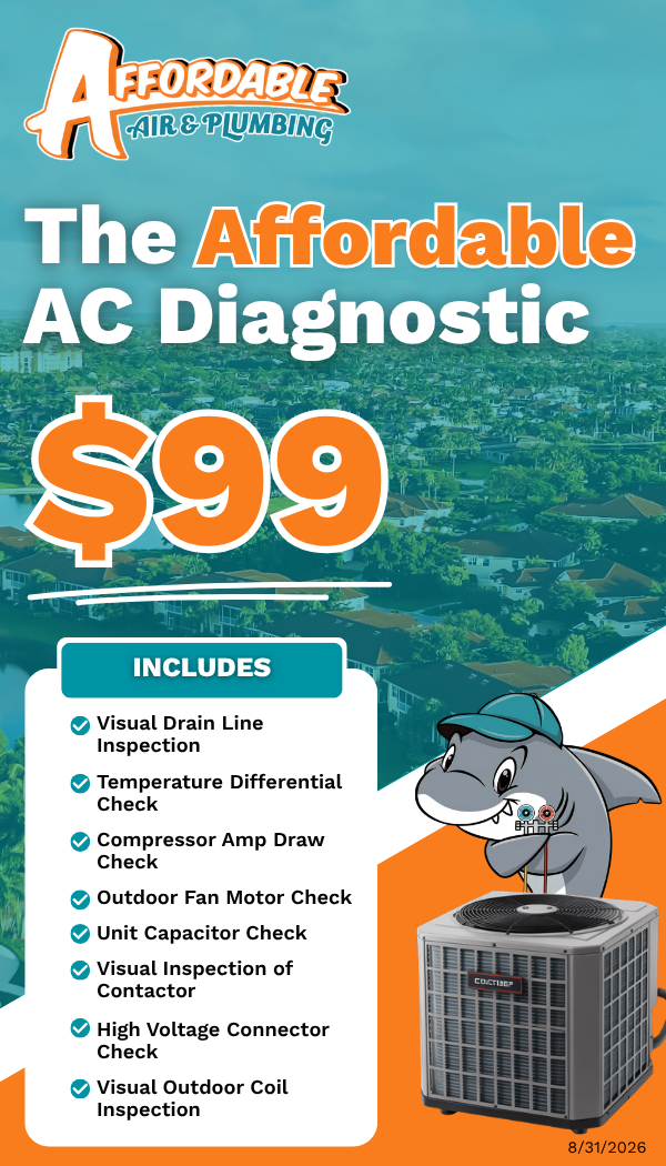 A coupon for the Affordable AC Diagnosis. For only $99 you get a visual drain line inspection, temperature differential check, compressor amp draw check, outdoor fan motor check, unit capacitor check, and more. Ends 8/31/2026.