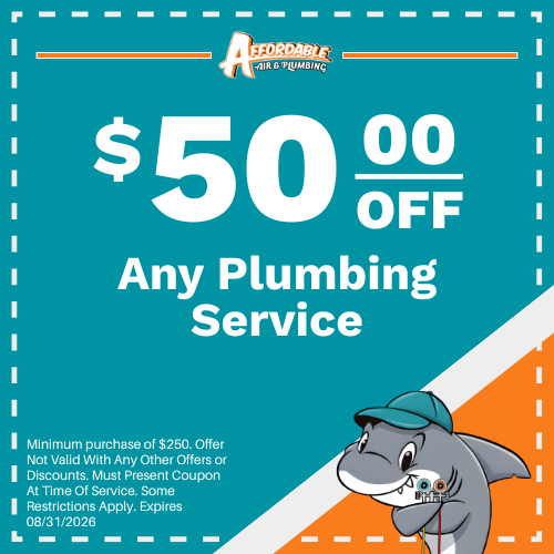 A coupon for $50 off any plumbing service, with a minimum spend of $250. Ends August 31, 2026
