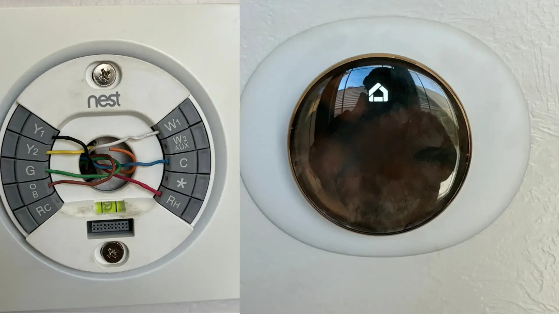 A side by side image of a Google nest thermostat with and without the cover. On the left is the wires that go to the thermostat. On the right is the thermostat with a loading screen on it.