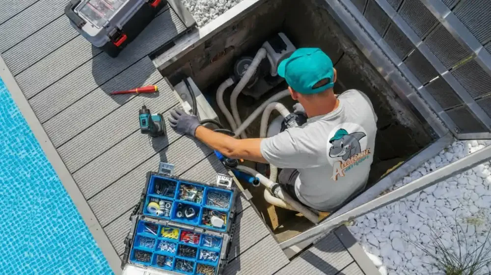 An affordable air technician is inside a pool heater encasing next to a pool in Florida. He is performing repairs on the pool's heat pump.