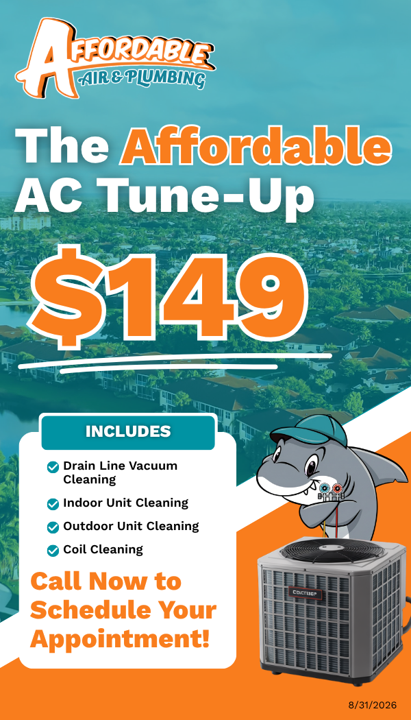 A coupon for the affordable ac tune-up. It is priced at $149 and includes drain line vacuum cleaning, indoor unit cleaning, outdoor unit cleaning, and coil cleaning. Ends August 31st 2026.