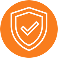 An orange circle with a white icon of a shield and checkmark