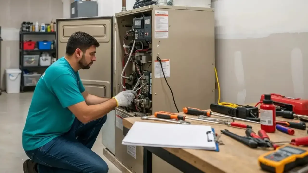 An Affordable Air and Plumbing technician working on a furnace in a garage. He is wearing a teal shirt and the furnace is open with some parts and wires sticking out.