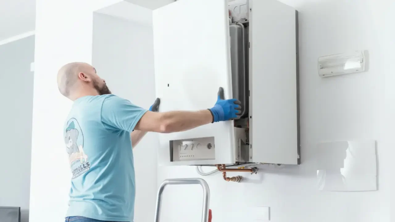 An Affordable Air and Plumbing Technician putting the cover of a tankless water heater on to finish an installation.