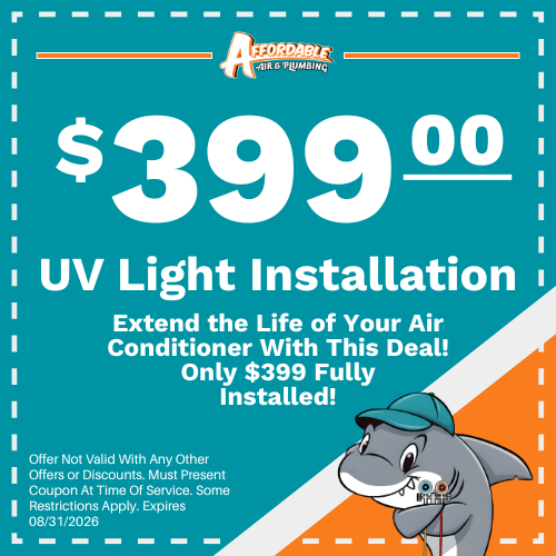 A coupon for $399 UV Light installation for Air Conditioners. Offer ends 08/31/2026