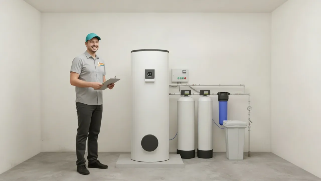 A proud Affordable Air and Plumbing plumber standing next to a newly installed water softener in a customer's empty garage.